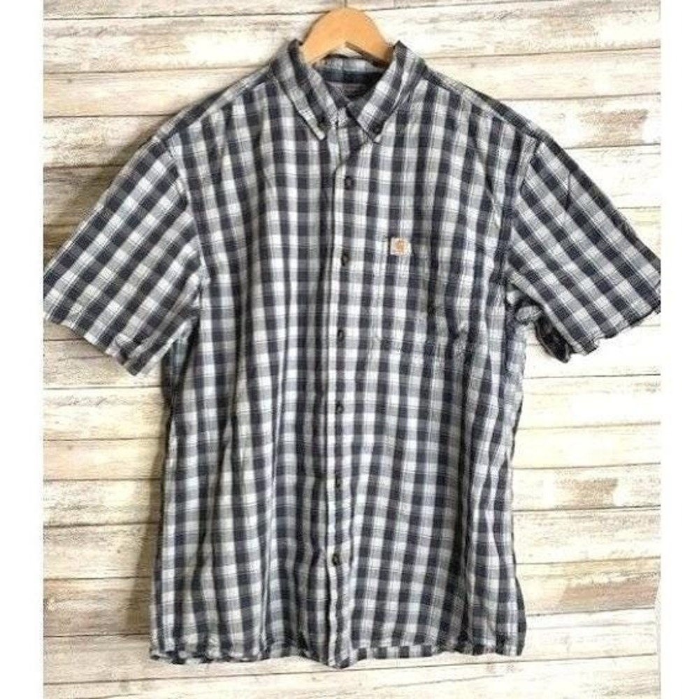 Carhartt Mens Relaxed Fit Gray/Blue Plaid Button-Down Short Sleeve Shirt Size‎ L